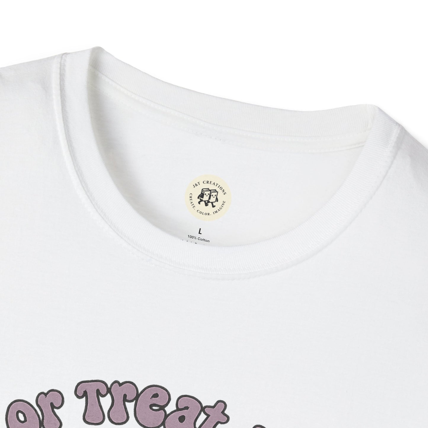 White Printify Halloween cat t-shirt with round neck and partial graphic text design