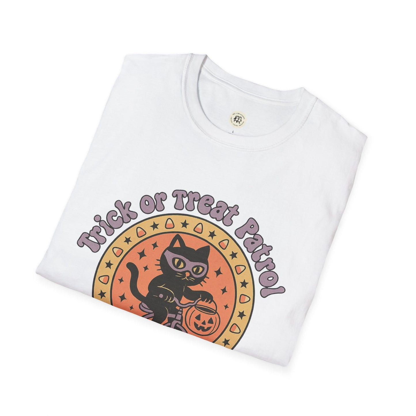 White Printify Halloween cat t-shirt with black cat holding pumpkin and trick or treat patrol text