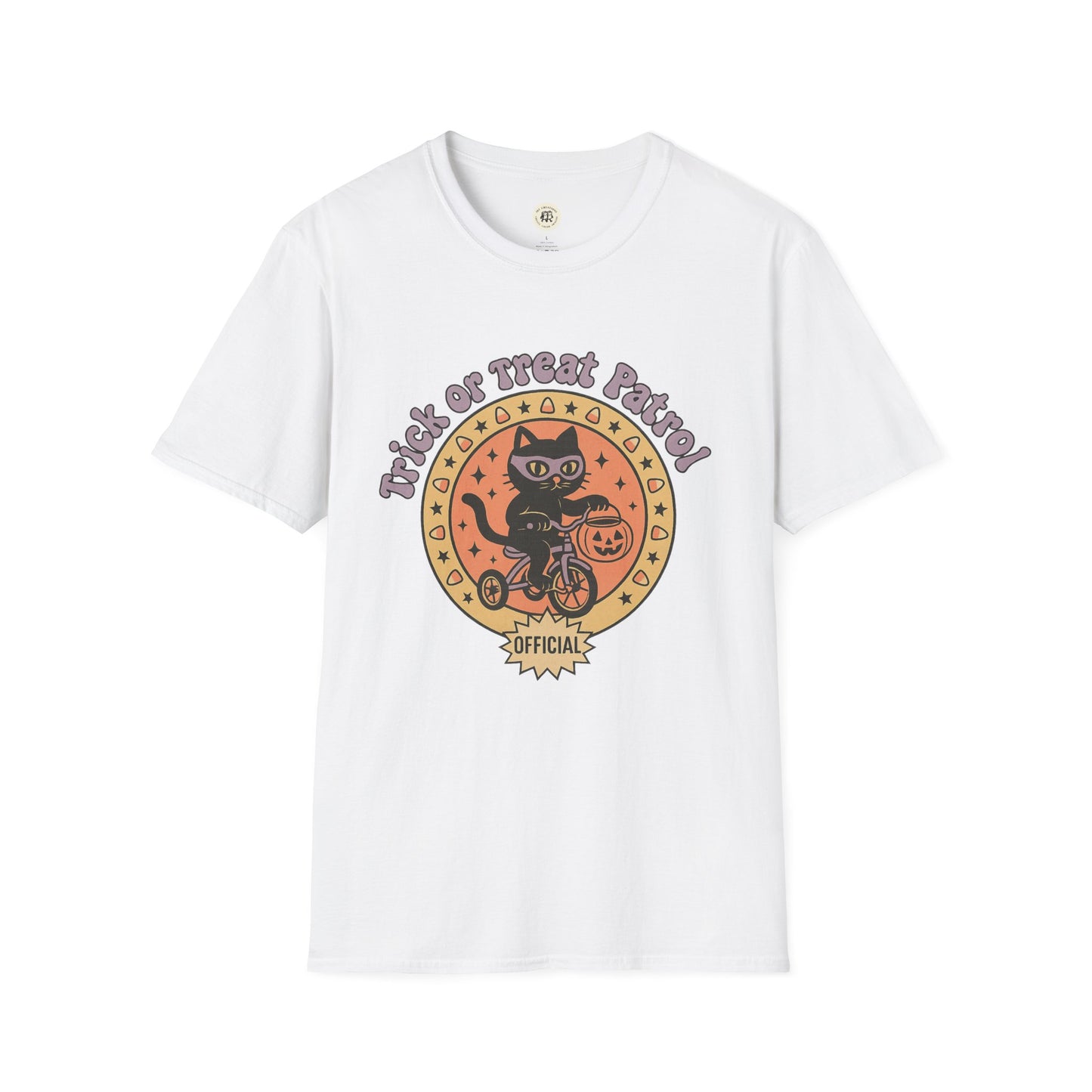 White Printify t-shirt featuring a Halloween cat t-shirt design with a black cat on a bike holding a pumpkin bucket