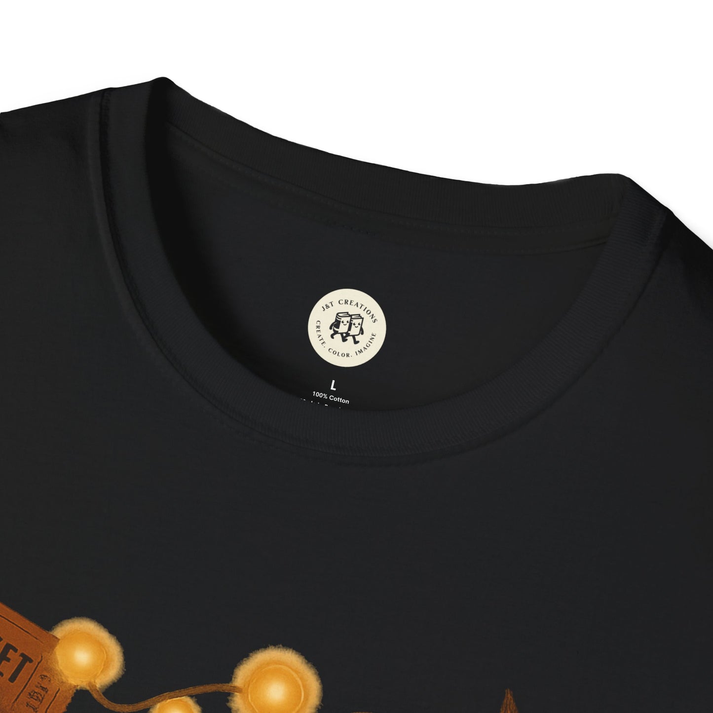Black Printify Halloween graphic t-shirt with detailed orange and brown Halloween design print