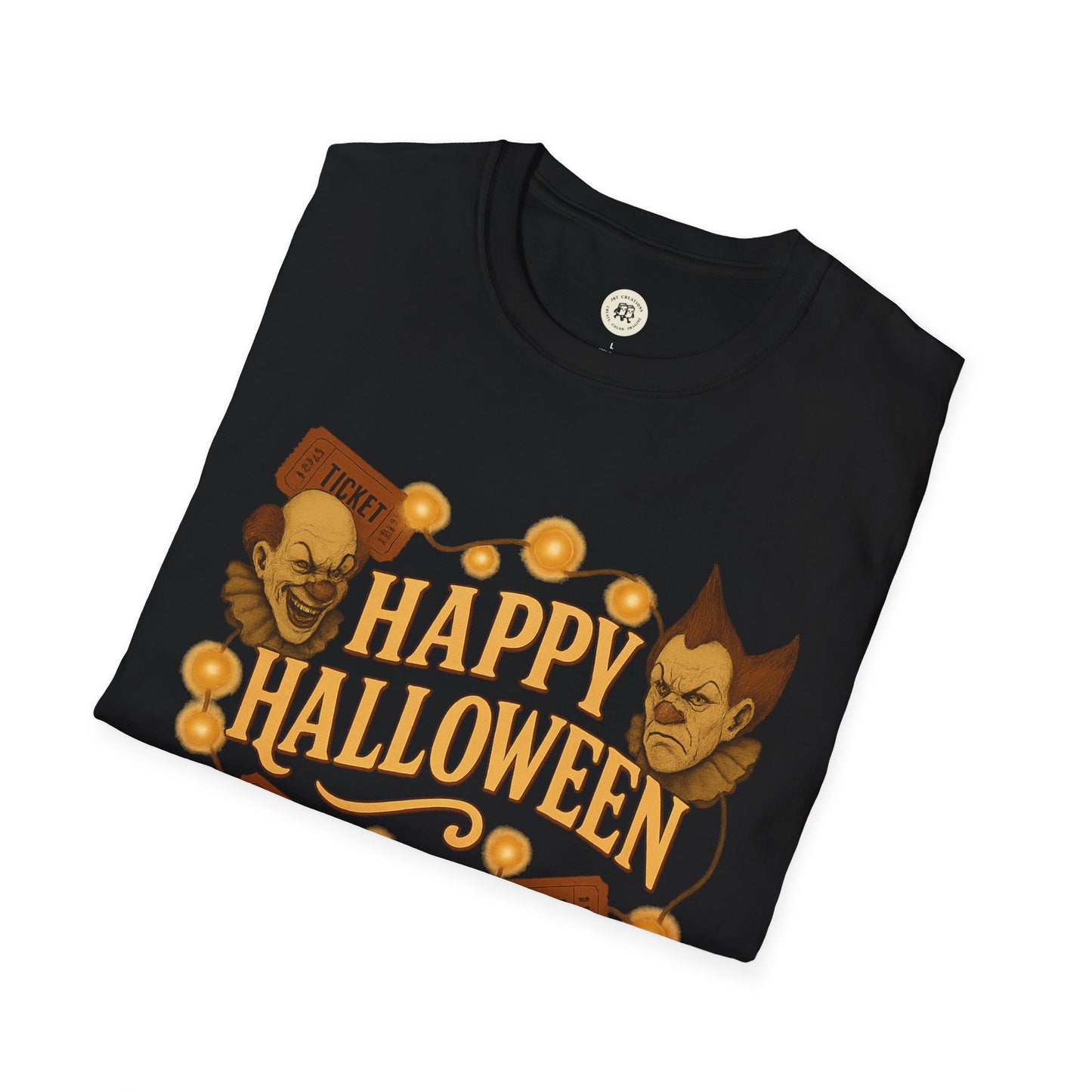 Black Printify Halloween graphic t-shirt with vintage horror clown faces and Happy Halloween text