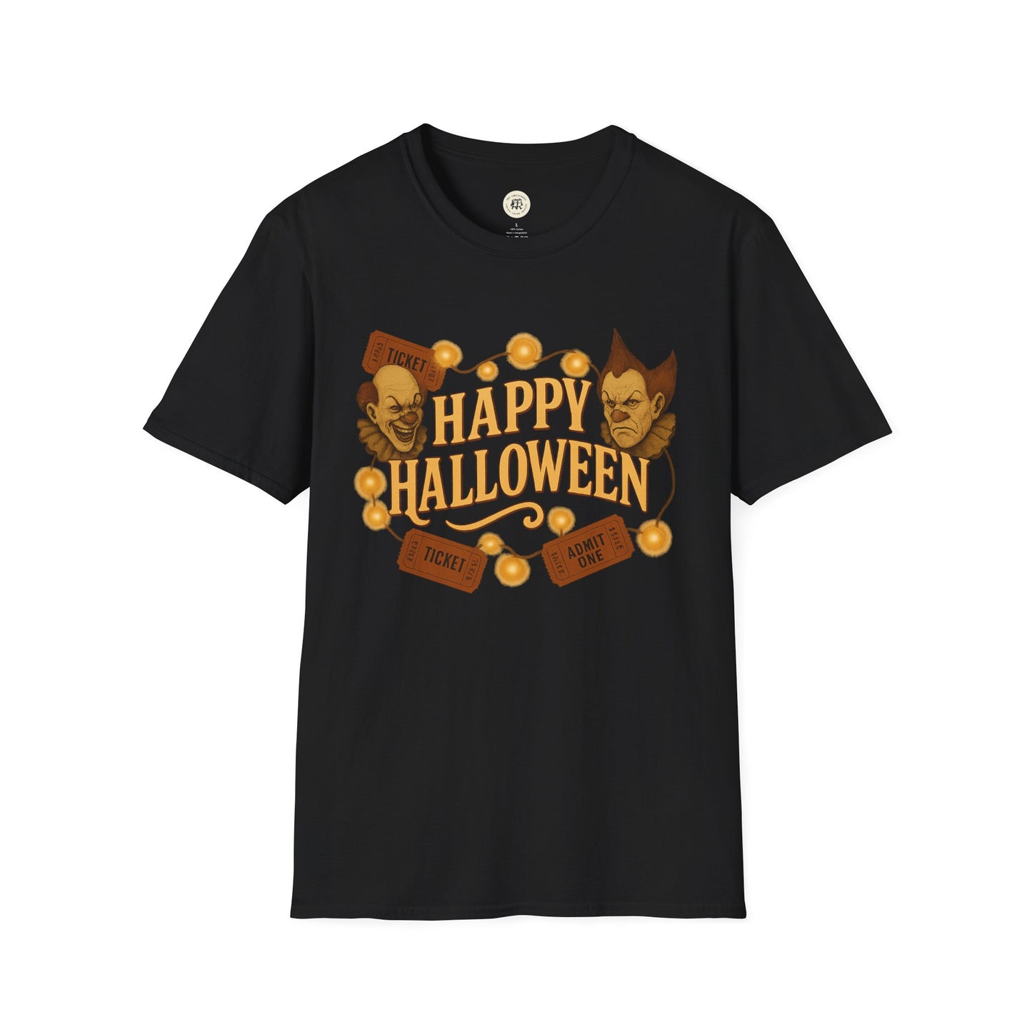 Black Printify Halloween graphic t-shirt with Happy Halloween text and spooky clown faces