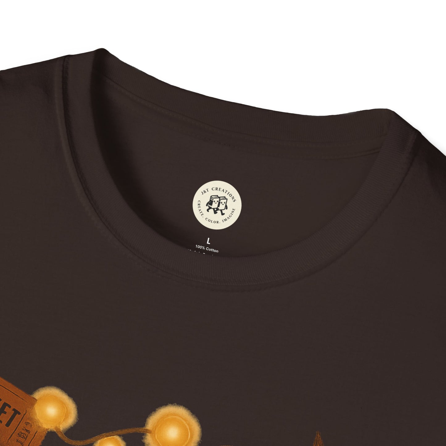Printify Halloween graphic t-shirt in black with spooky orange light design close-up