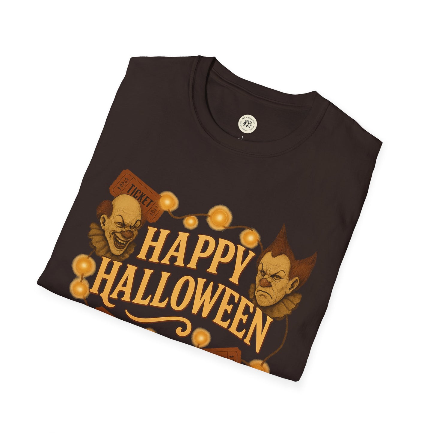 Black Halloween graphic t-shirt with creepy clown faces and Happy Halloween text from Printify