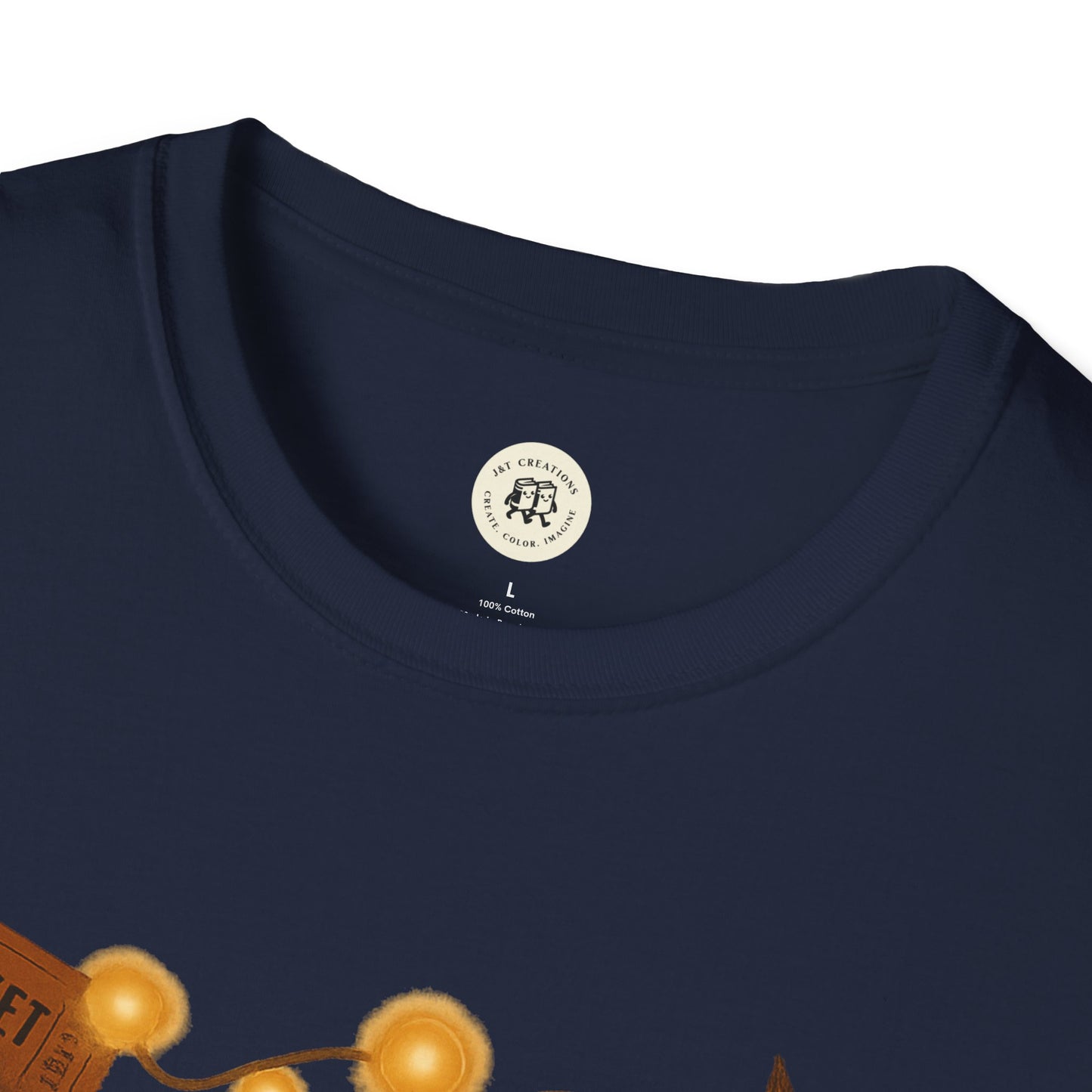 Navy blue Printify Halloween graphic t-shirt with festive orange string lights design
