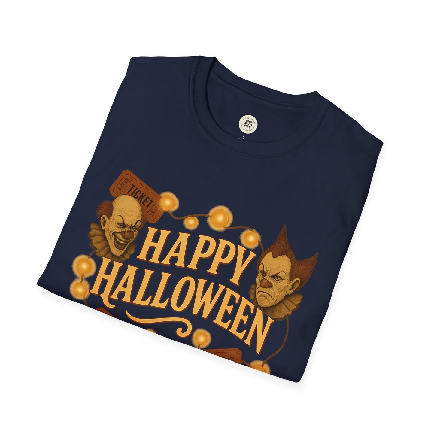 Printify Halloween graphic t-shirt with creepy clown faces and glowing lights on navy blue fabric