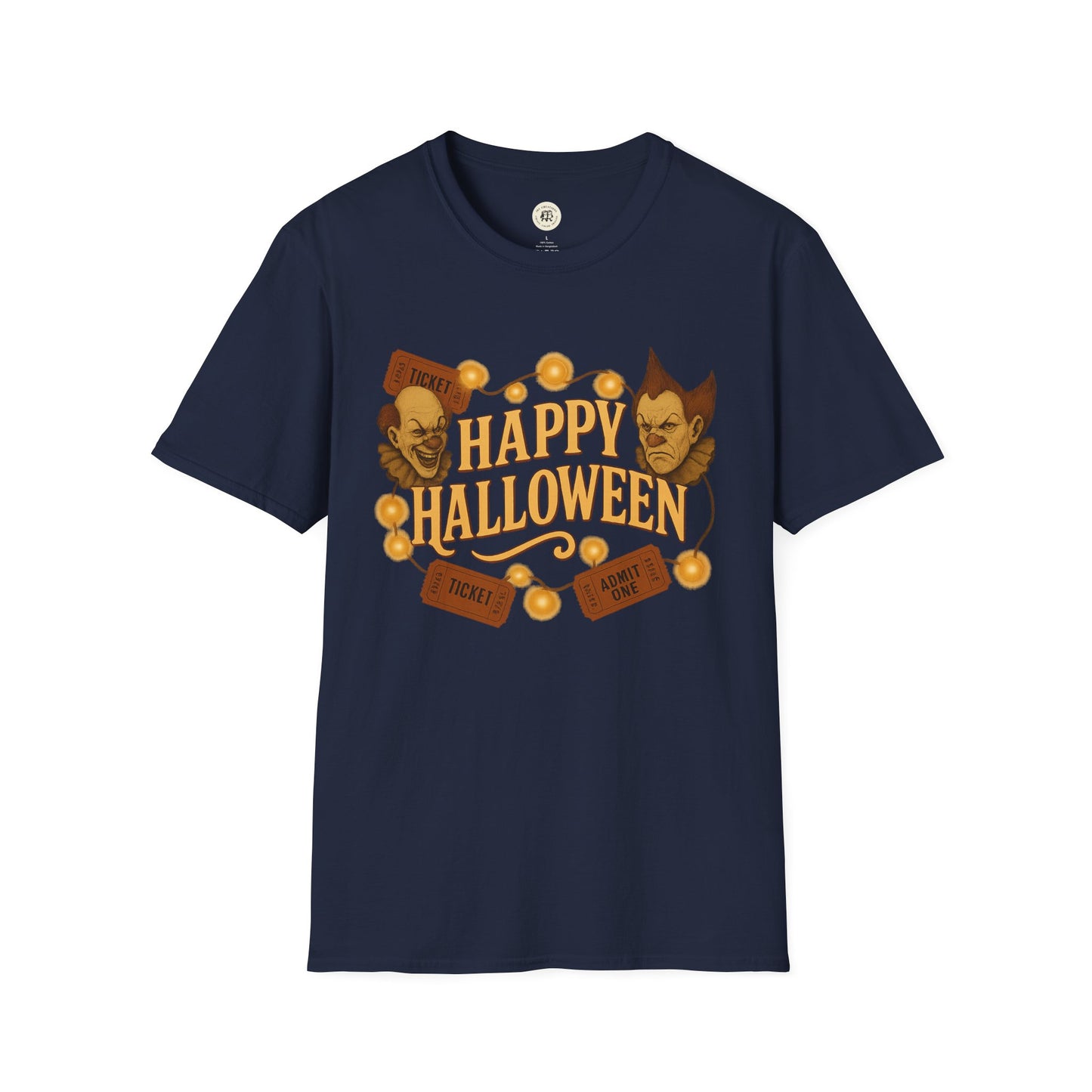 Printify Halloween graphic t-shirt in navy featuring happy Halloween text with spooky clown and monster faces