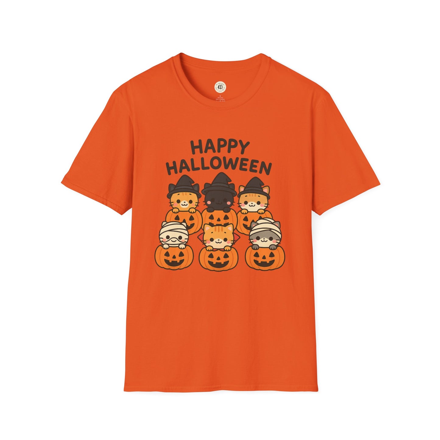 Orange Halloween pumpkin graphic tee with cute cats dressed in Halloween costumes and Happy Halloween text