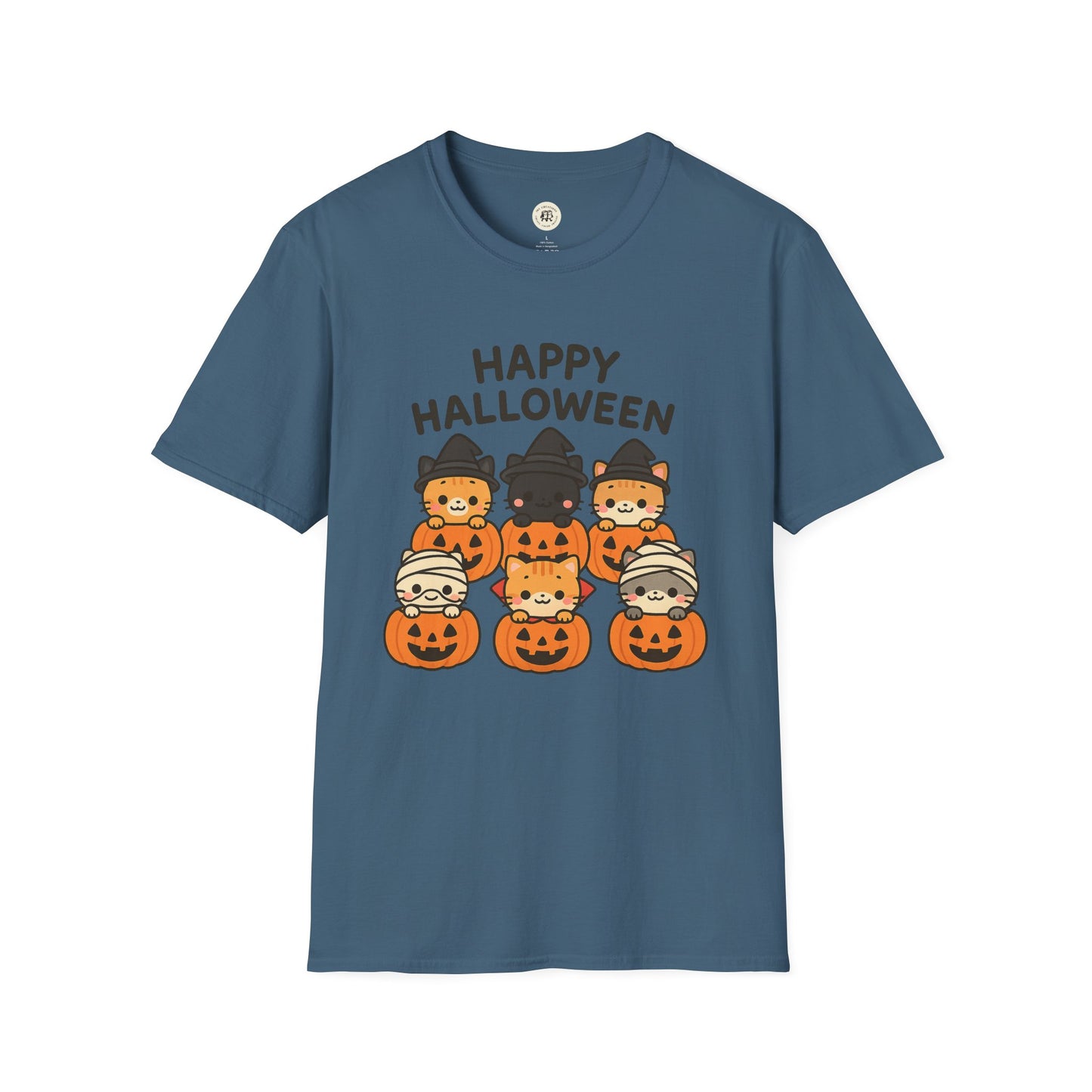 Printify Halloween pumpkin graphic tee in blue with cute cat costumes and Happy Halloween text