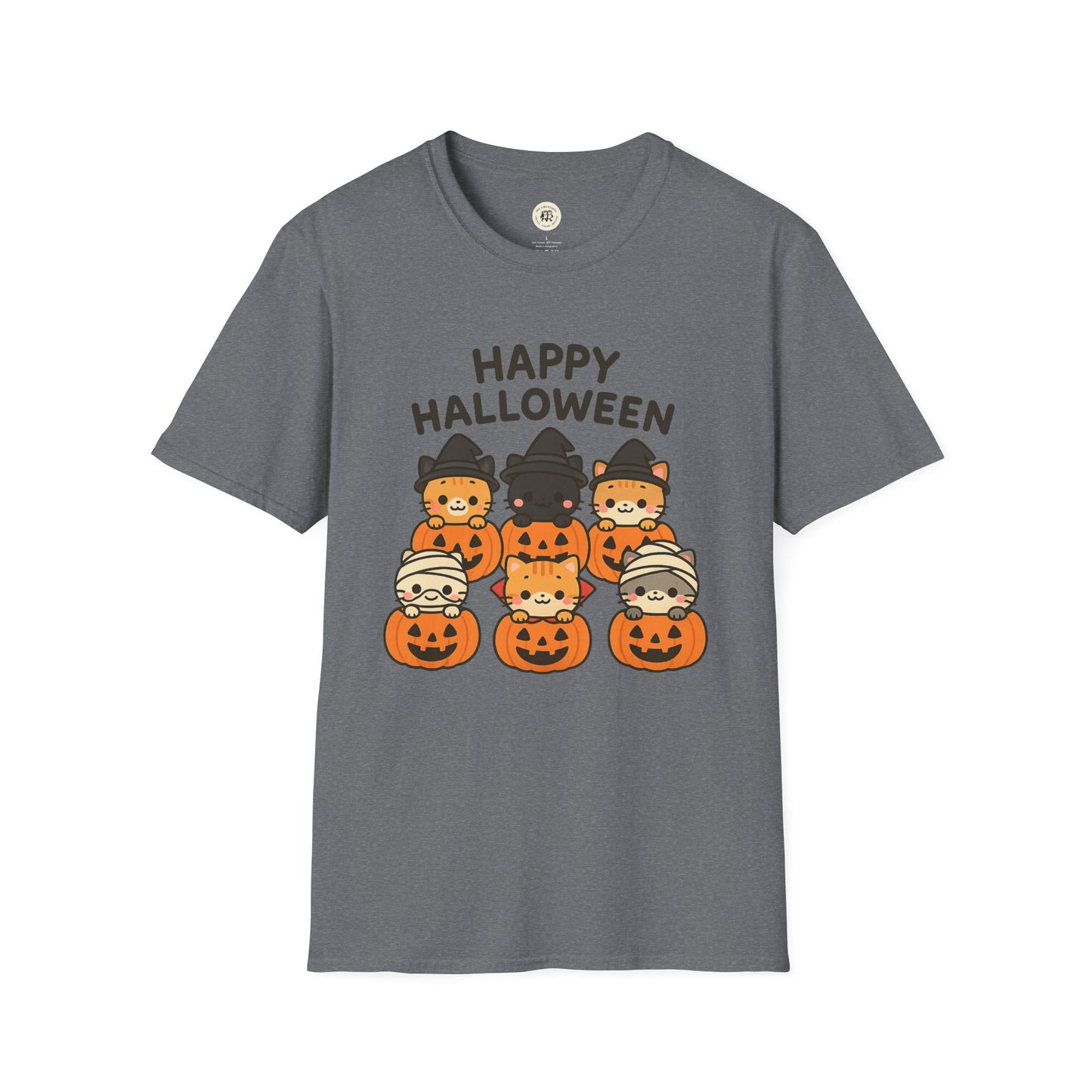 Printify Halloween pumpkin graphic tee with cute cat costumes and Happy Halloween text on gray shirt