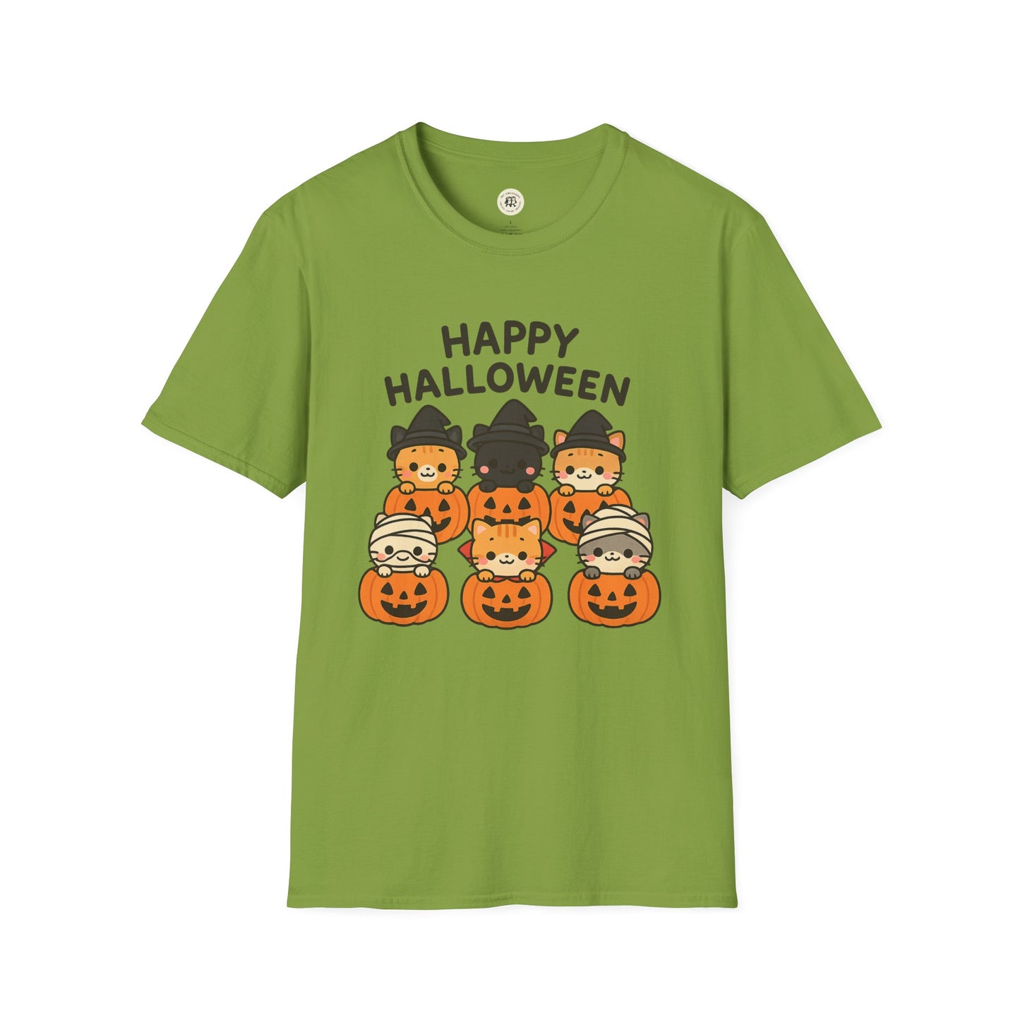 Green Printify Halloween pumpkin graphic tee with cute cats in Halloween costumes and pumpkins