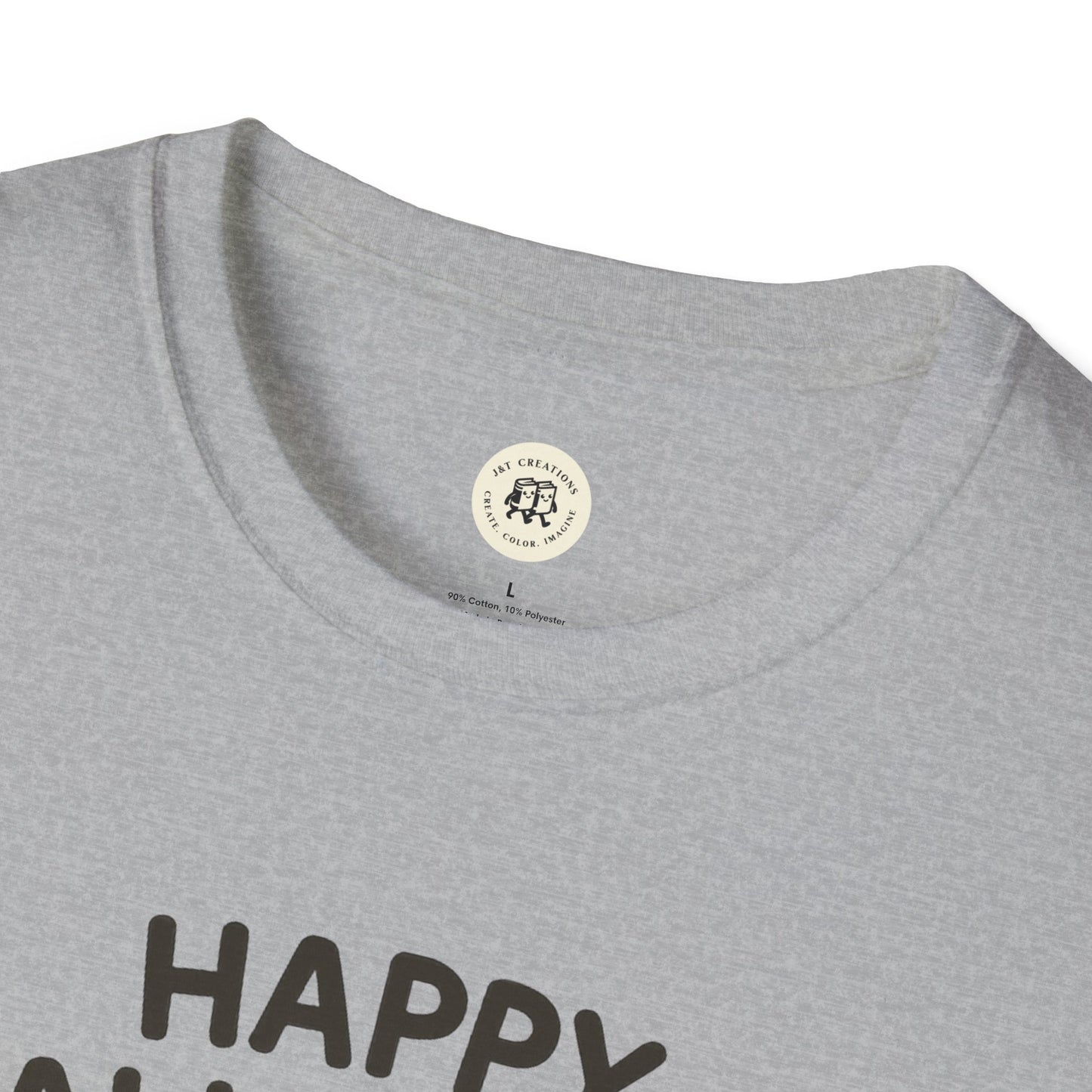 Gray Printify T-Shirt featuring Halloween pumpkin graphic tee design with happy text