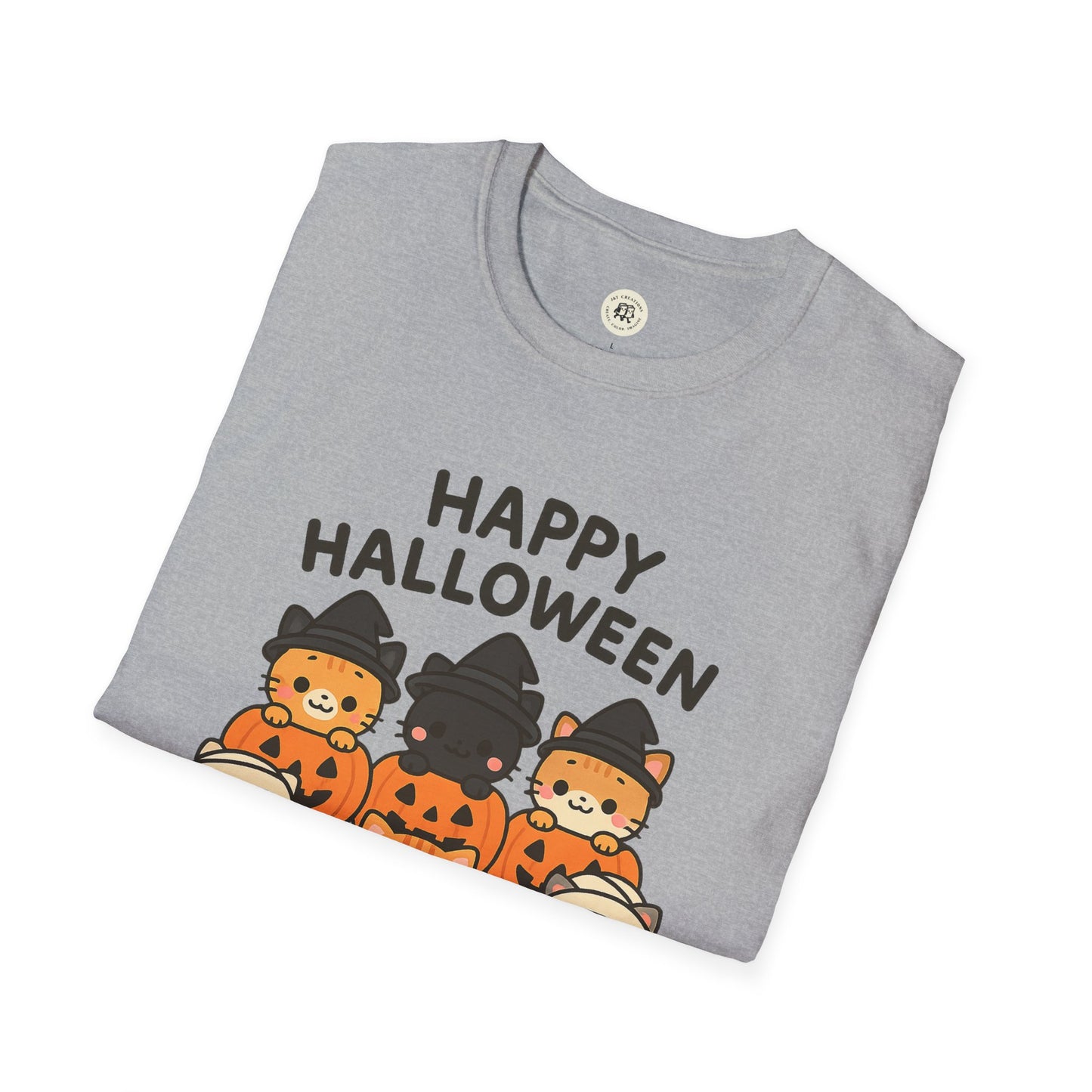 Gray Printify t-shirt with Halloween pumpkin graphic tee featuring three cats in witch hats and pumpkins