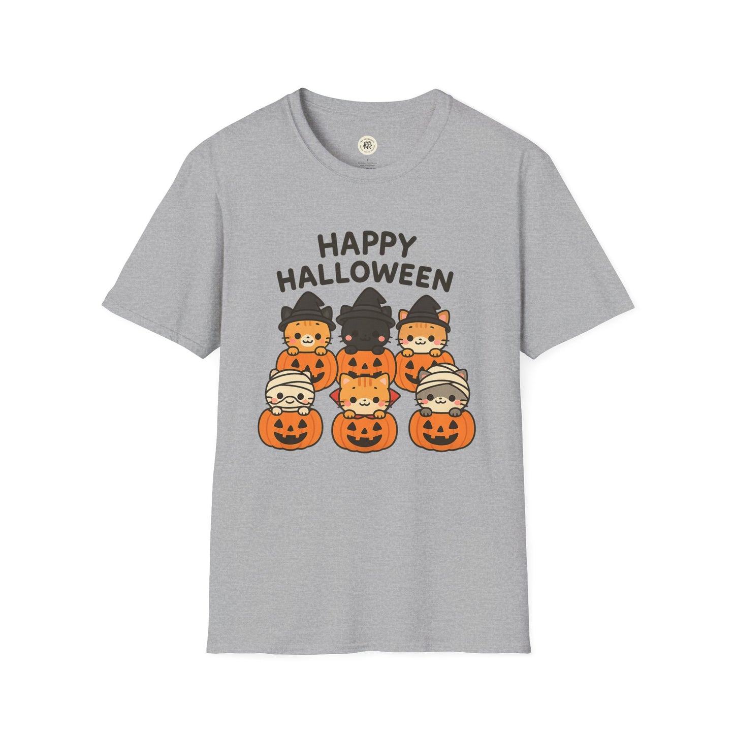 Gray Halloween pumpkin graphic tee with cute cats dressed in costumes and happy Halloween text