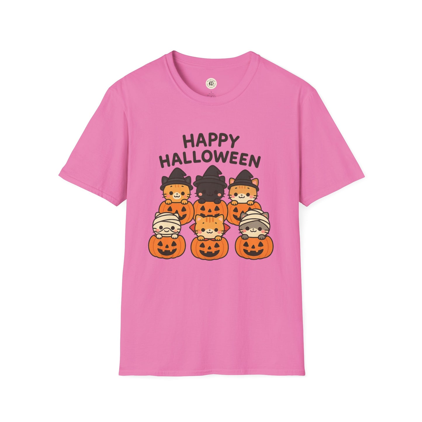 Pink Halloween pumpkin graphic tee with cute cats in costumes and Happy Halloween text