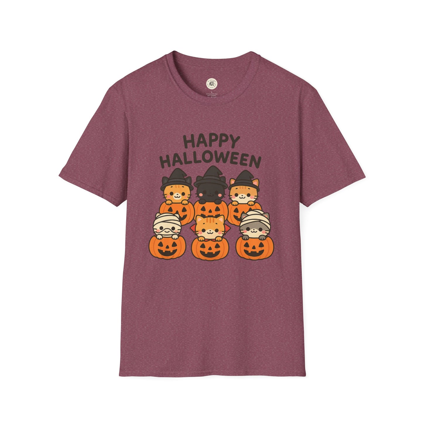 Printify Halloween pumpkin graphic tee with happy Halloween text and cute cats in costumes on pumpkins