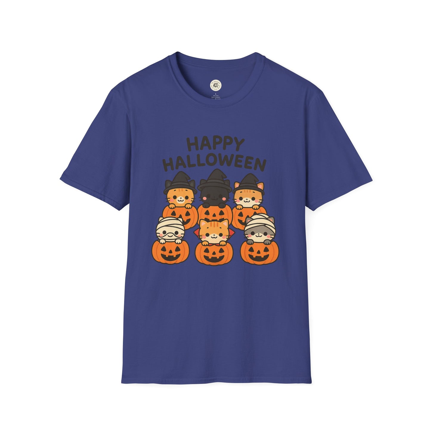 Halloween pumpkin graphic tee by Printify with cute cats in costumes on purple shirt
