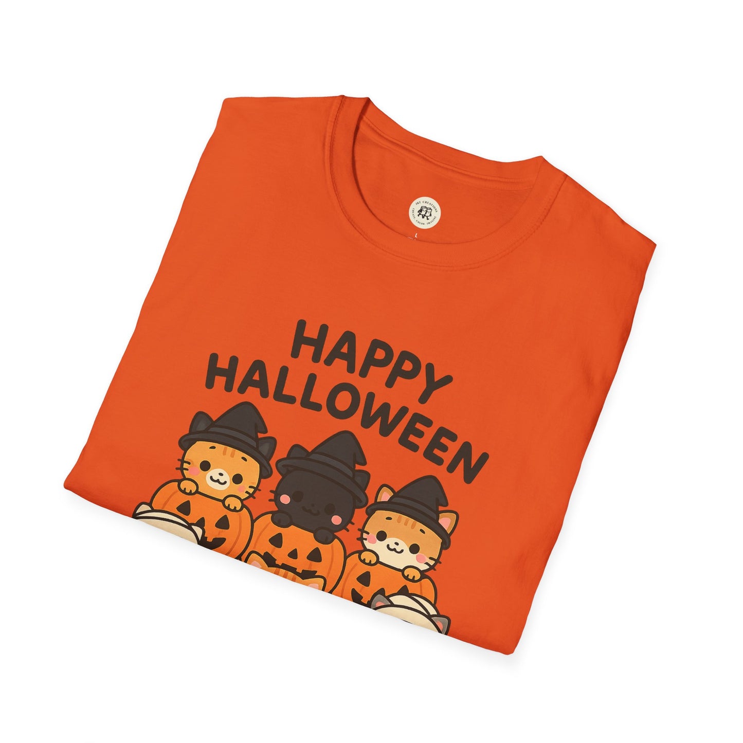 Orange Halloween pumpkin graphic tee with cute cats wearing witch hats and Happy Halloween text