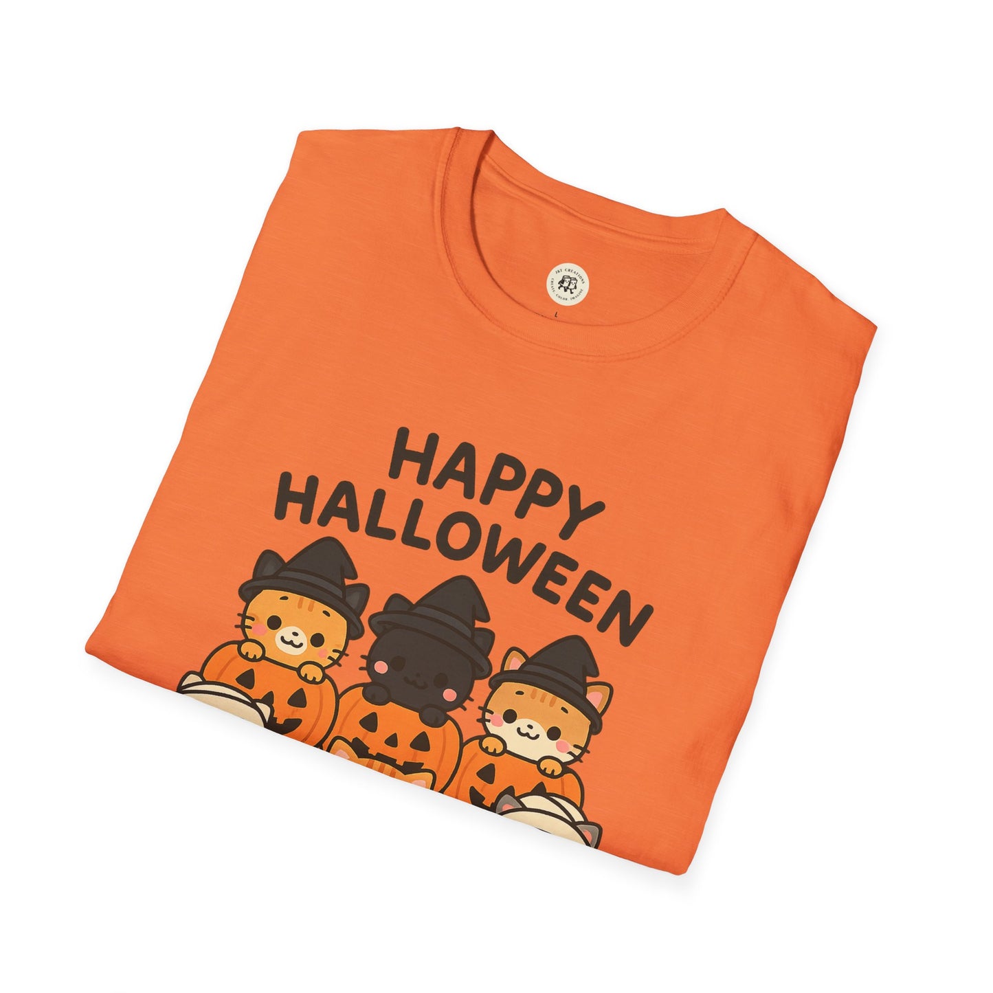 Orange Halloween pumpkin graphic tee with cute cat witches and Happy Halloween text