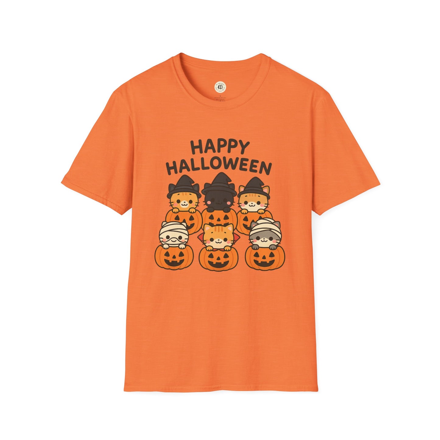 Orange Printify Halloween pumpkin graphic tee with cute kittens in pumpkin costumes and Happy Halloween text