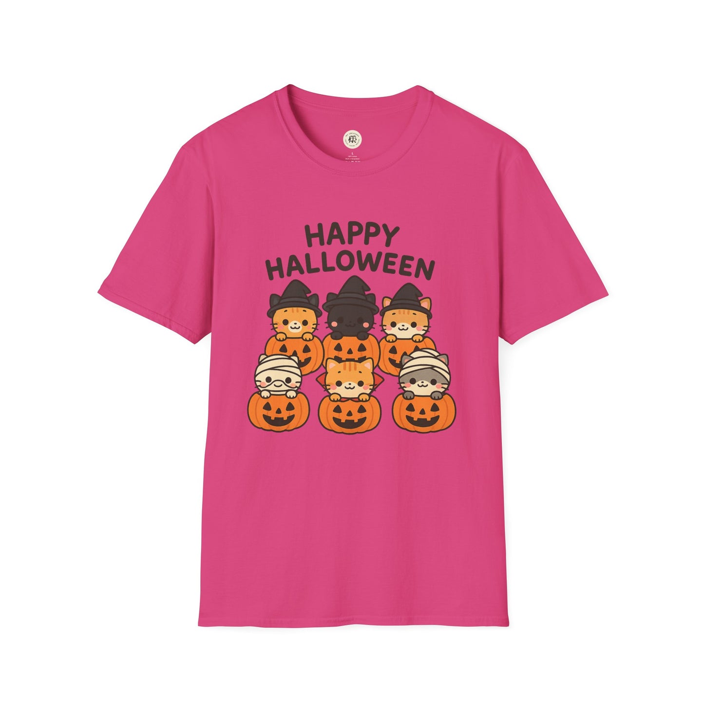 Pink Halloween pumpkin graphic tee by Printify with cute cats in costumes and Happy Halloween text