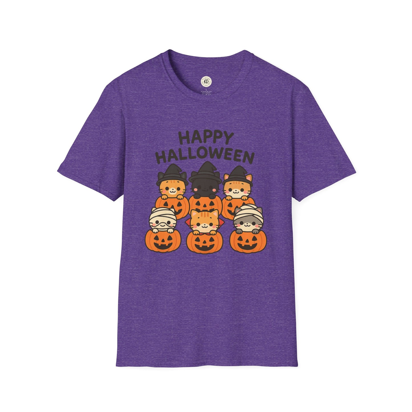 Purple Halloween pumpkin graphic tee with cute cats in costumes sitting in jack-o-lanterns and Happy Halloween text