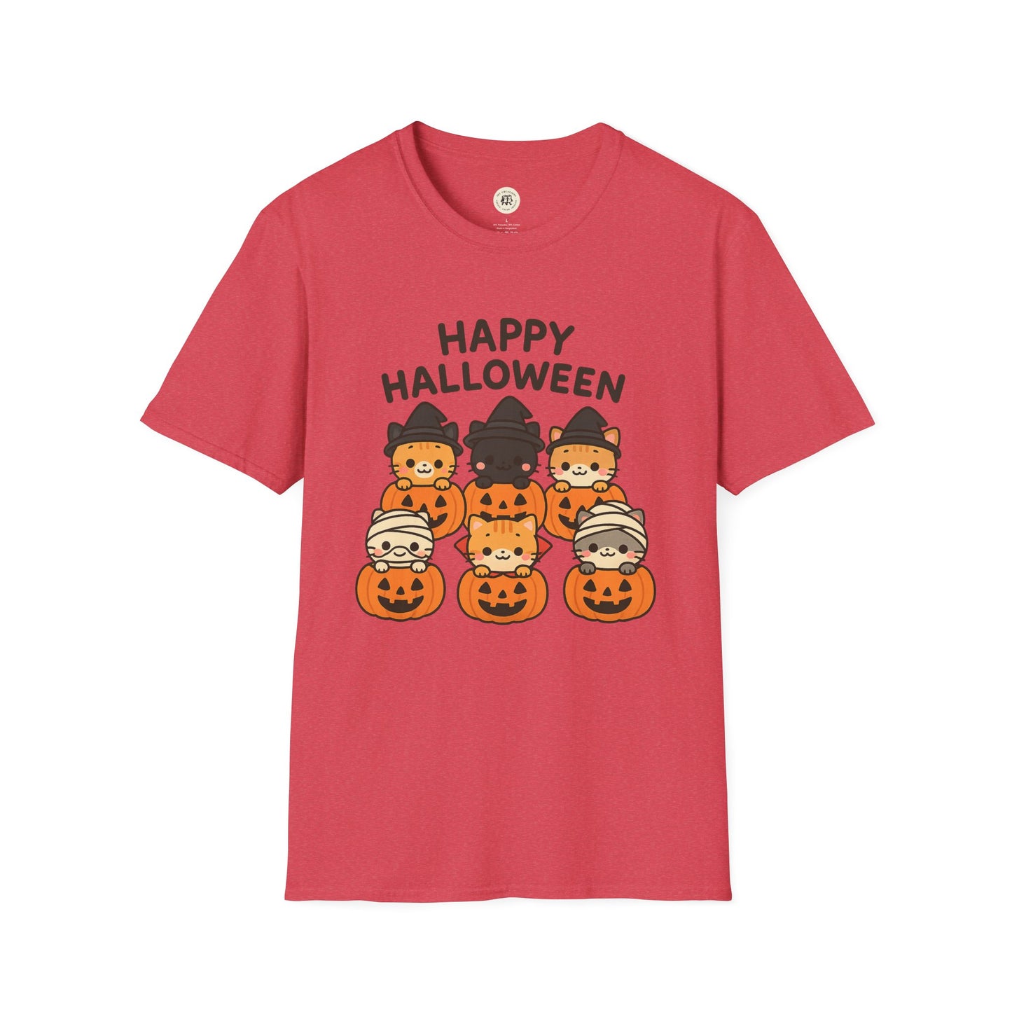 Printify red Halloween pumpkin graphic tee featuring cute cats in costumes with Happy Halloween text