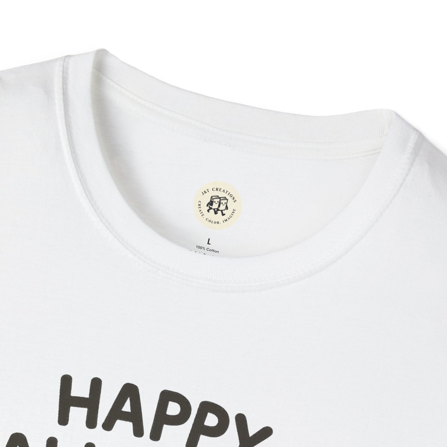 White Printify T-Shirt with Halloween pumpkin graphic tee text design in black font