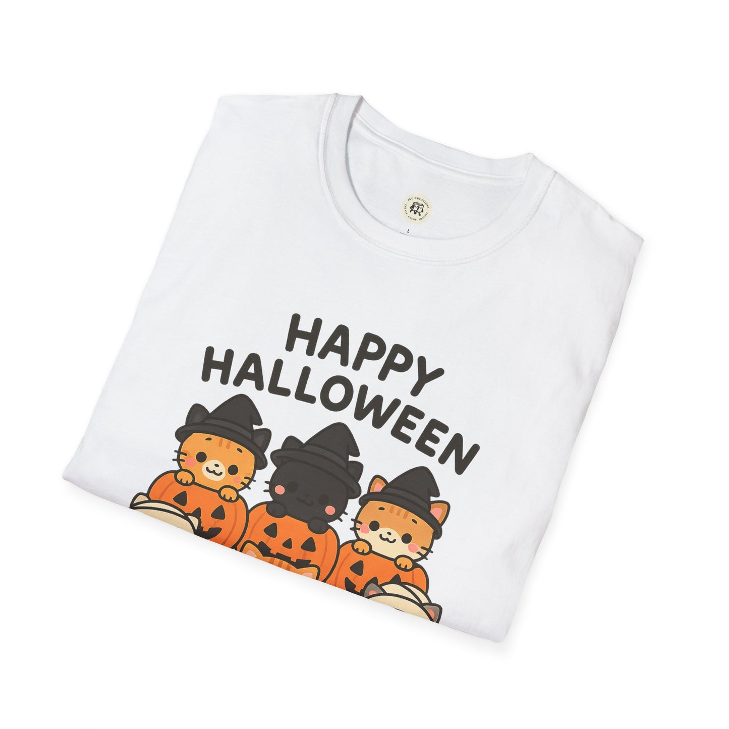 Printify Halloween pumpkin graphic tee with cute cats wearing witch hats on white fabric