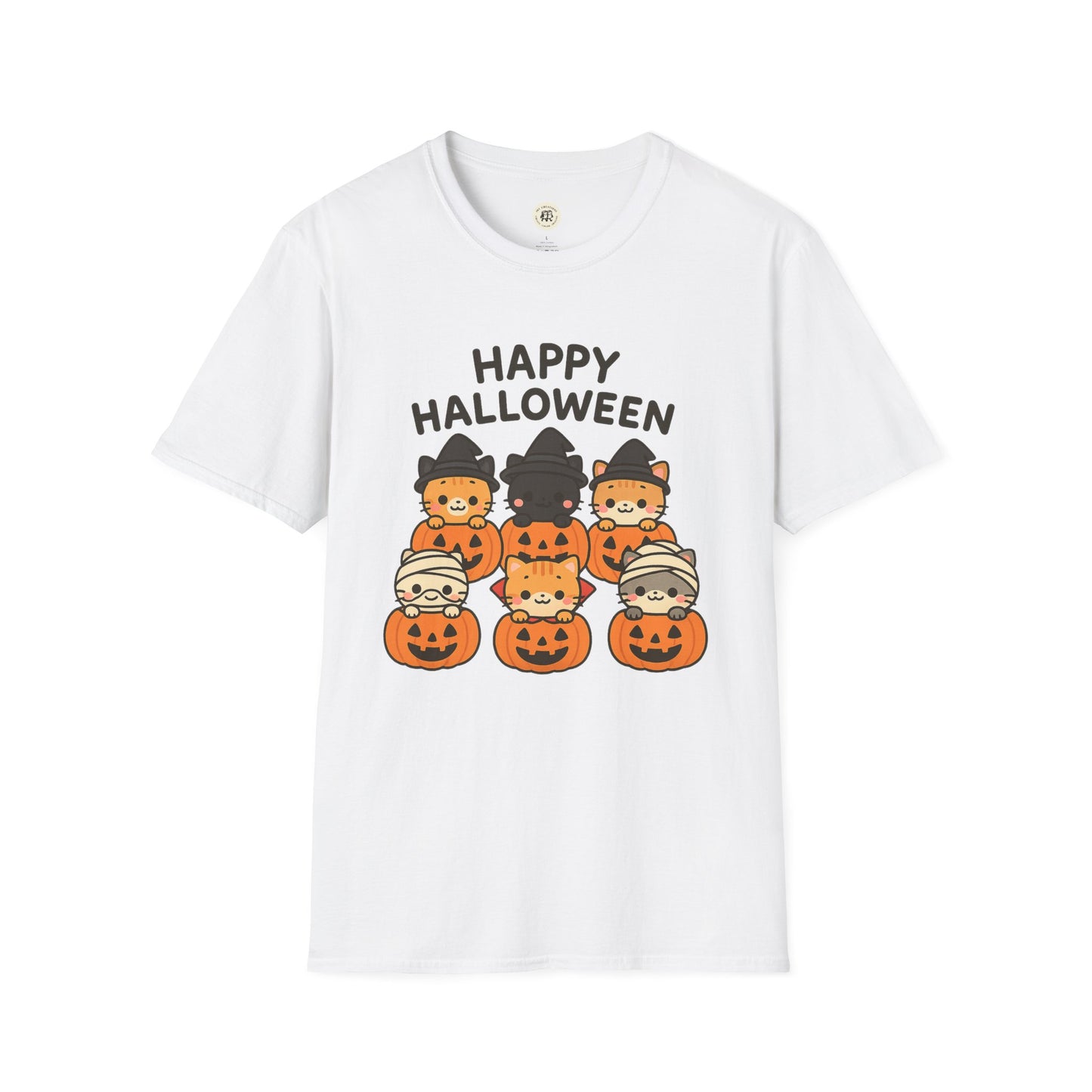 White Halloween pumpkin graphic tee with cute cats in costumes sitting in pumpkins and Happy Halloween text