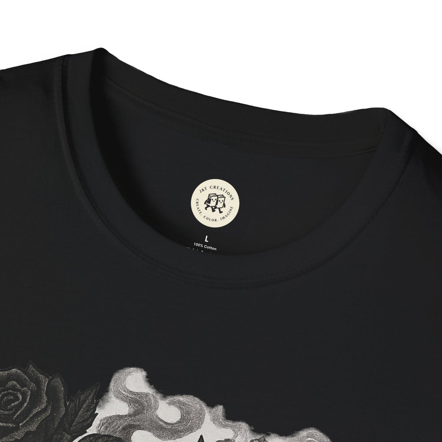 Black Halloween rose graphic t-shirt by Printify featuring spooky rose and smoke design