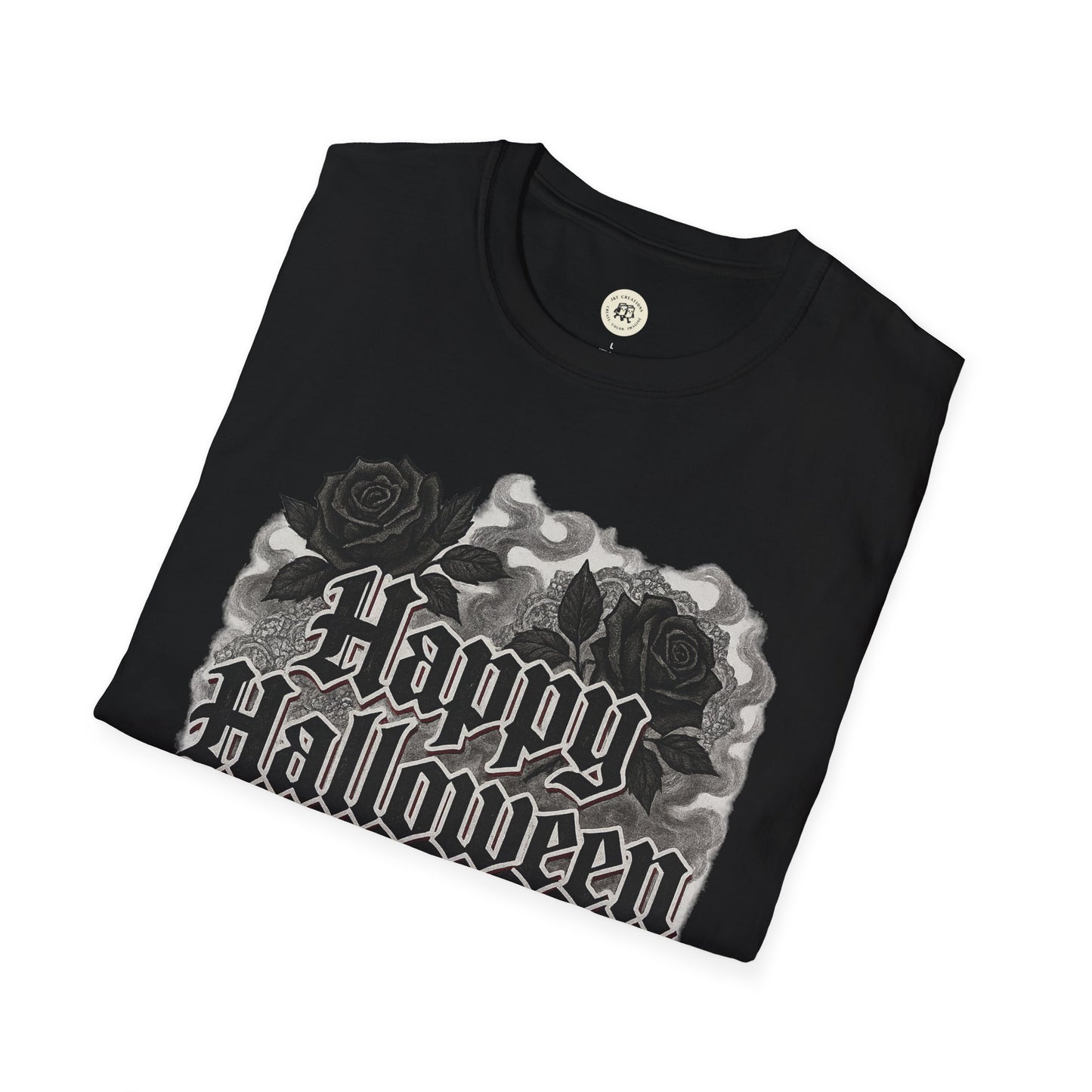 Black Halloween rose graphic t-shirt with gothic Happy Halloween design folded neatly
