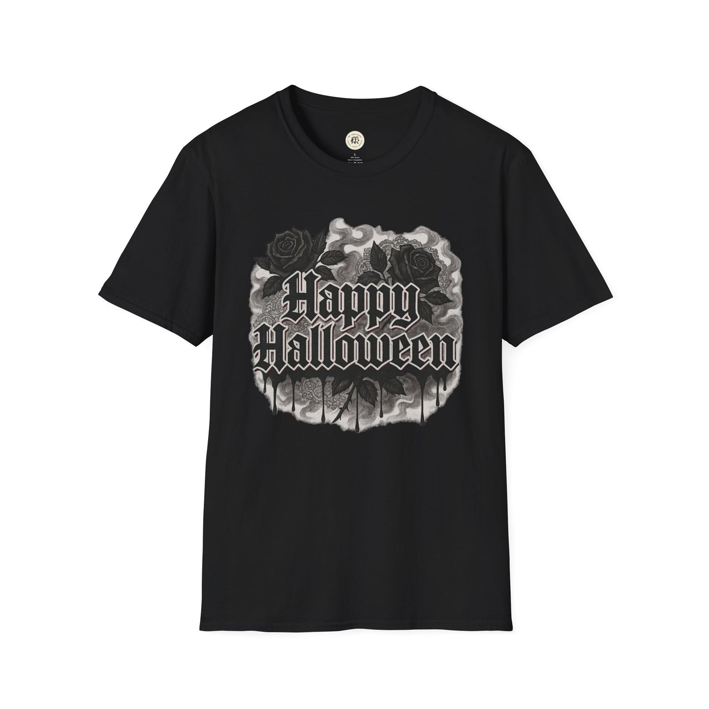 Black Printify Halloween rose graphic t-shirt with Happy Halloween text and rose design