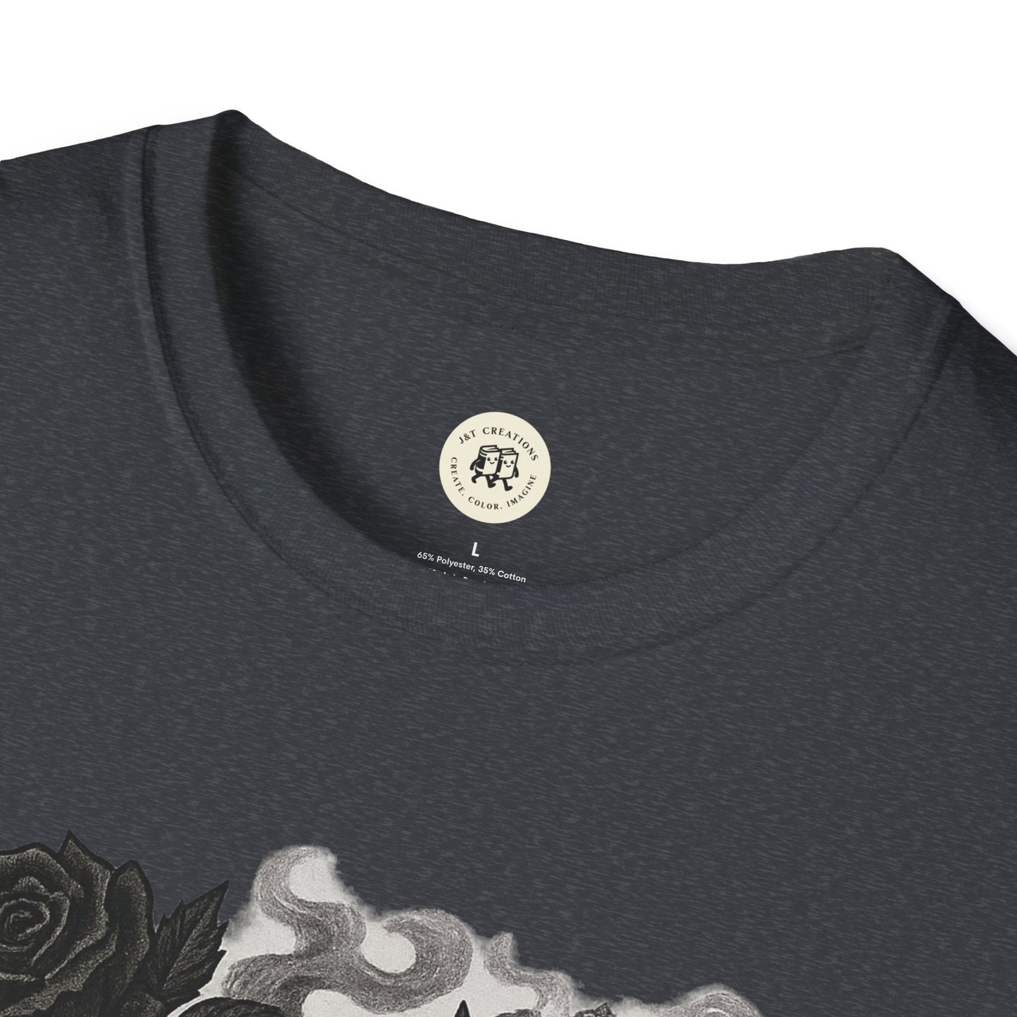 Close-up of a dark gray Halloween rose graphic t-shirt by Printify with black rose and smoky design
