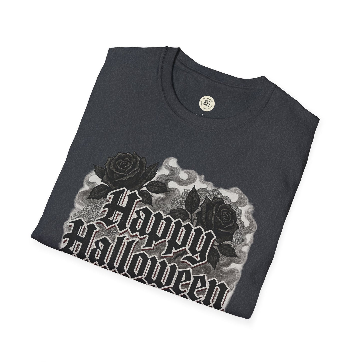 Black Halloween rose graphic t-shirt by Printify with gothic Happy Halloween design and dark rose illustrations