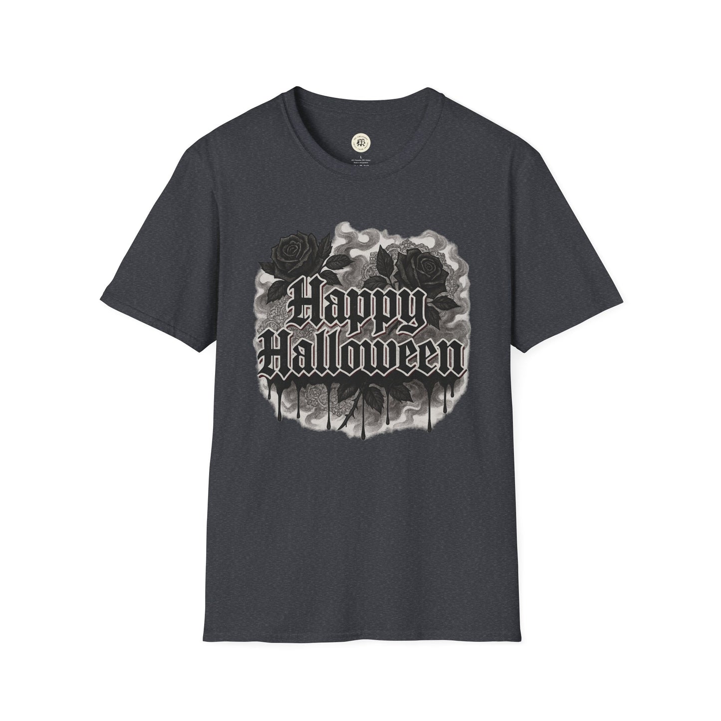 Printify Halloween rose graphic t-shirt in black with Happy Halloween text and rose design