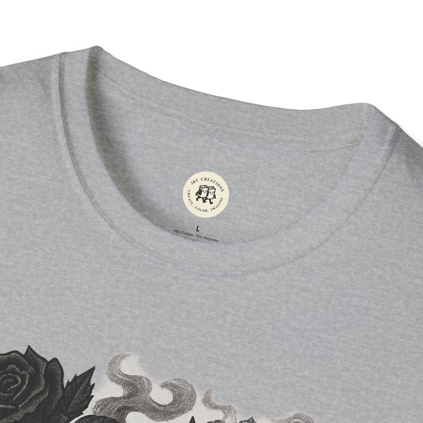 Gray Printify Halloween rose graphic t-shirt with detailed black rose and smoke design close-up