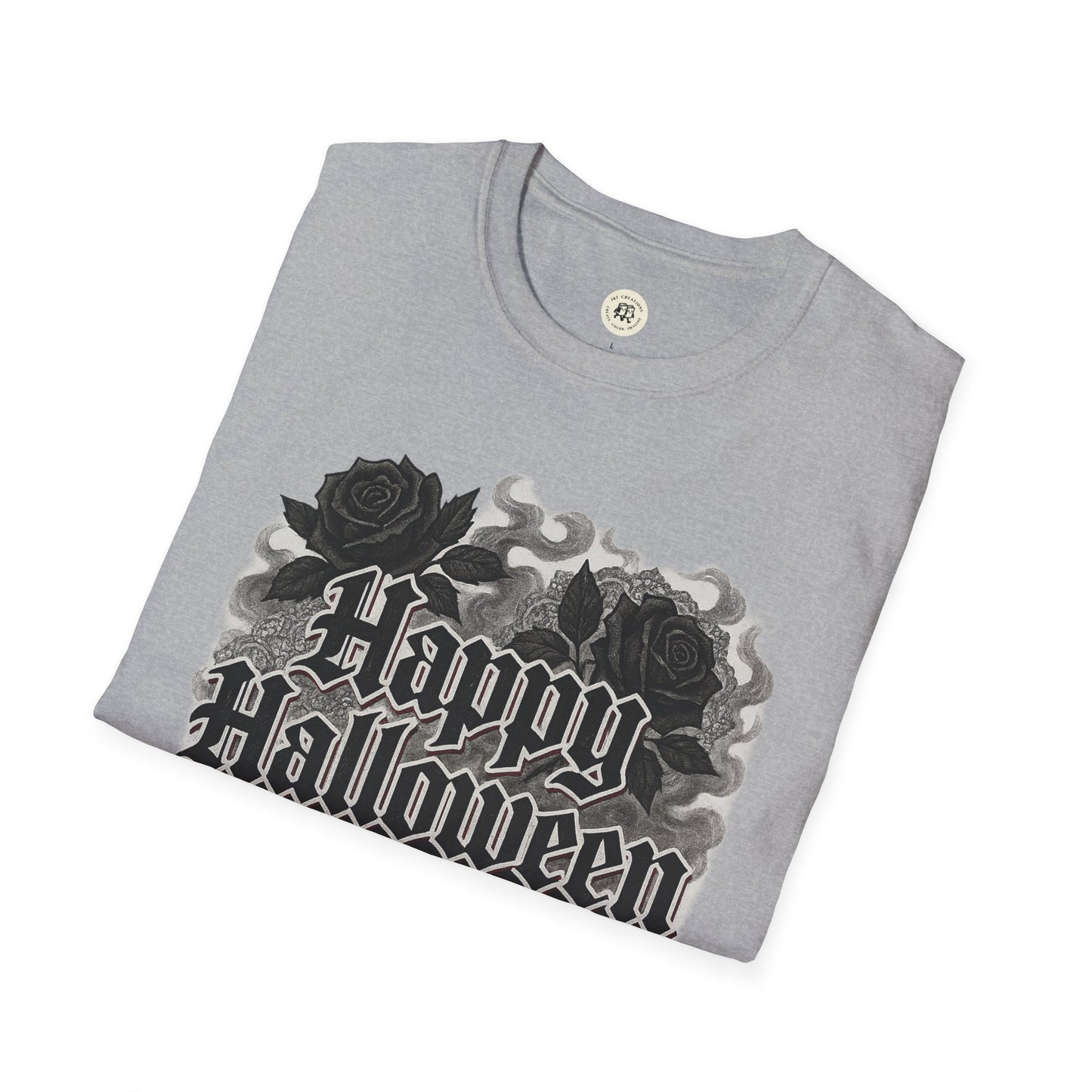 Printify Halloween rose graphic t-shirt with black roses and Happy Halloween text on gray fabric
