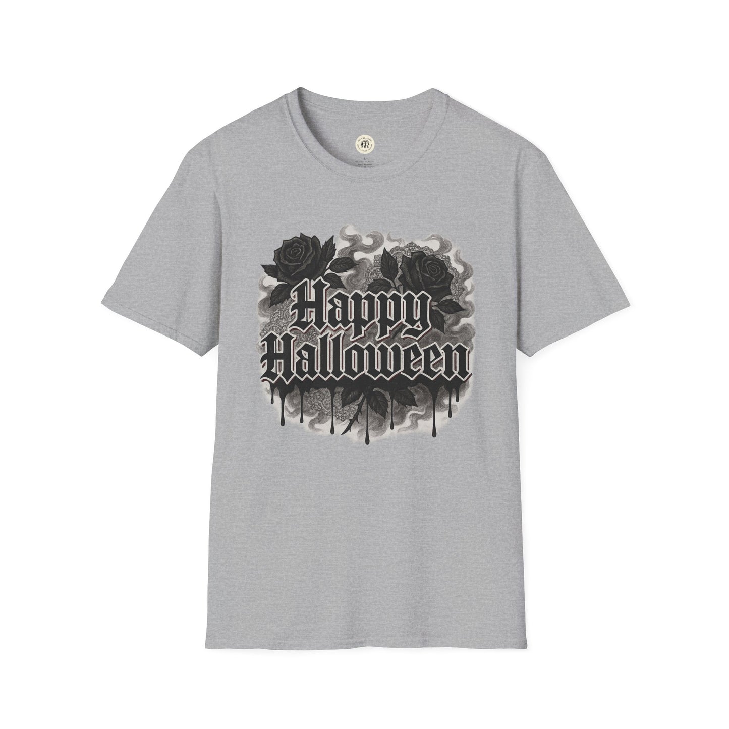 Printify Halloween rose graphic t-shirt in gray with black roses and Happy Halloween text