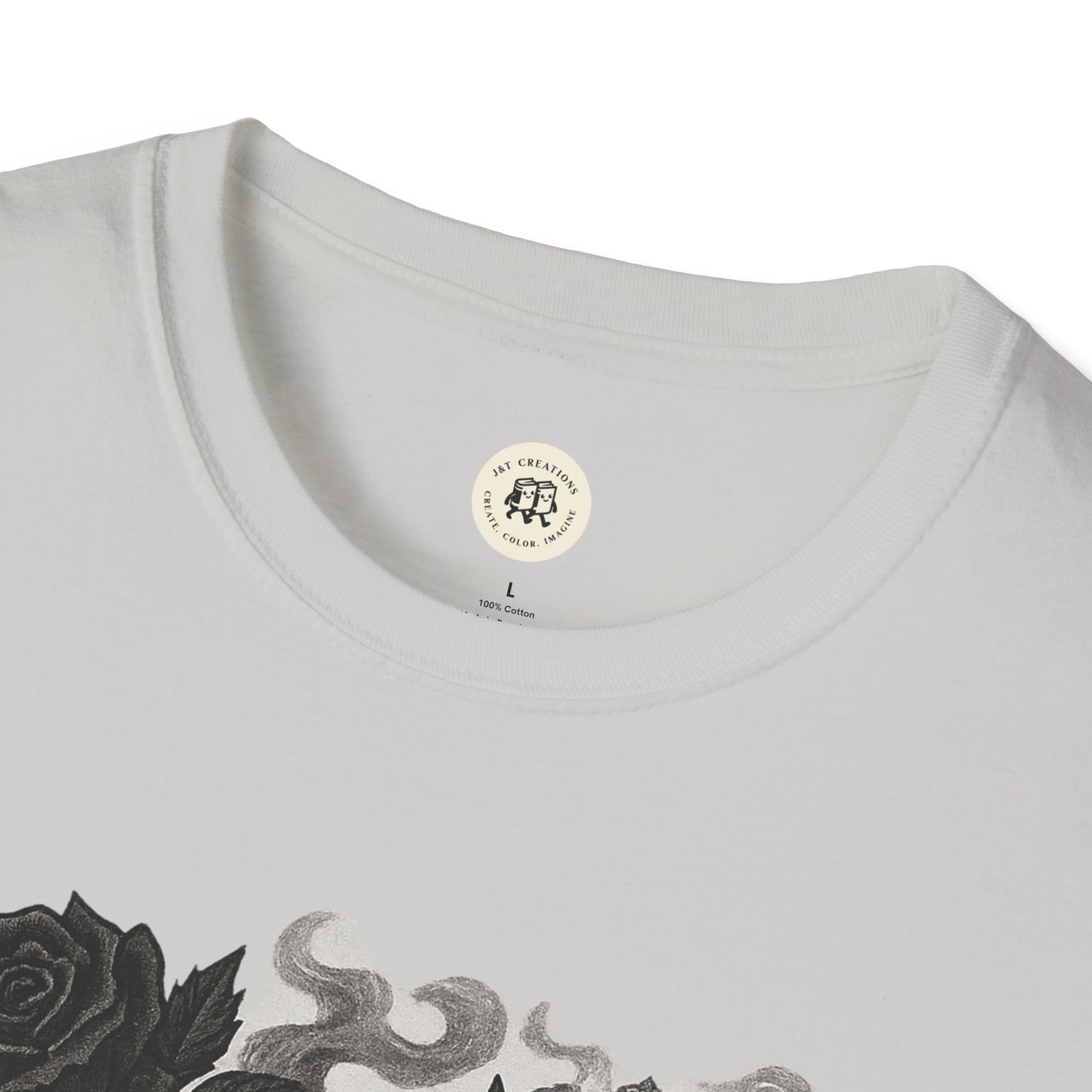 Printify white Halloween rose graphic t-shirt with black rose and smoke design close-up