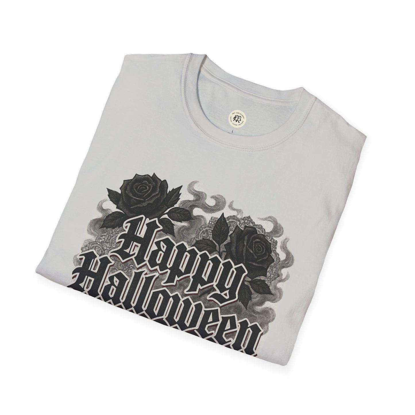 Printify Halloween rose graphic t-shirt in white with black roses and Happy Halloween text design