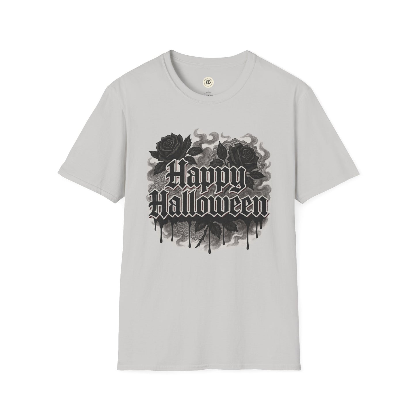 Printify Halloween rose graphic t-shirt with black roses and Happy Halloween text on gray fabric1