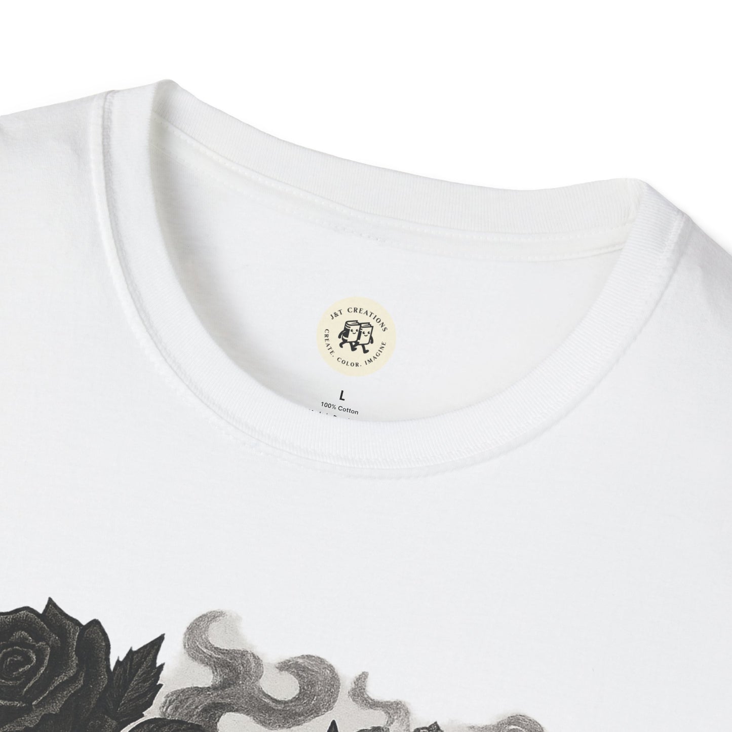 Printify white Halloween rose graphic t-shirt with detailed black rose and smoke design close-up