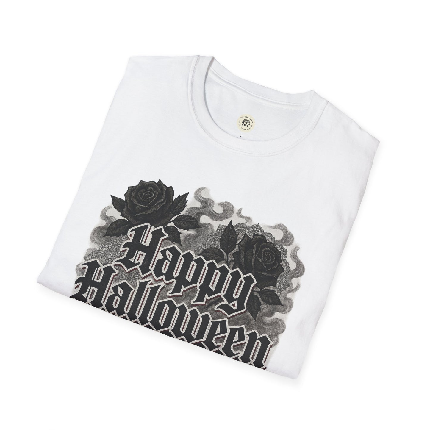 White Printify Halloween rose graphic t-shirt with black roses and Happy Halloween text