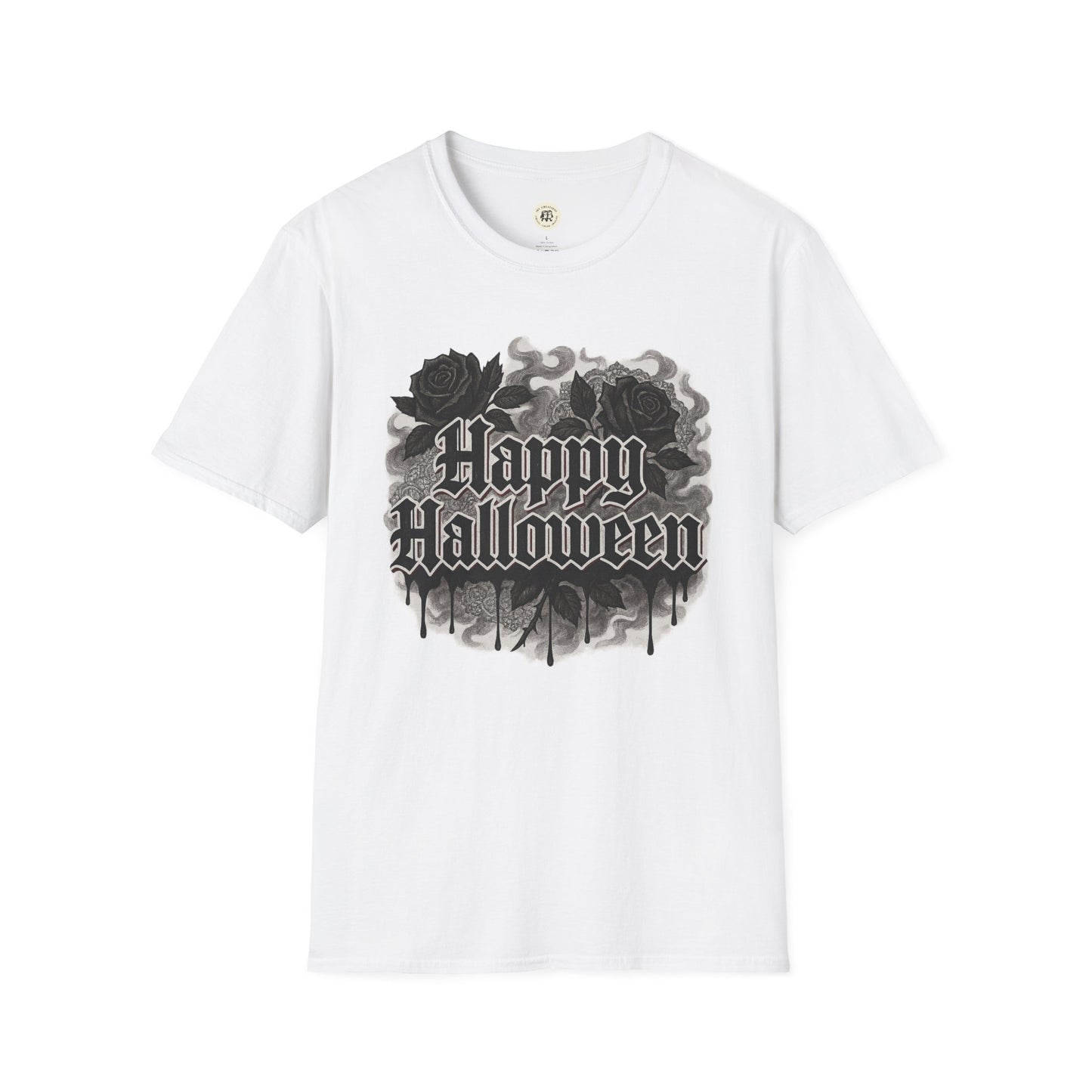 White Halloween rose graphic t-shirt with black smoky roses and Happy Halloween text