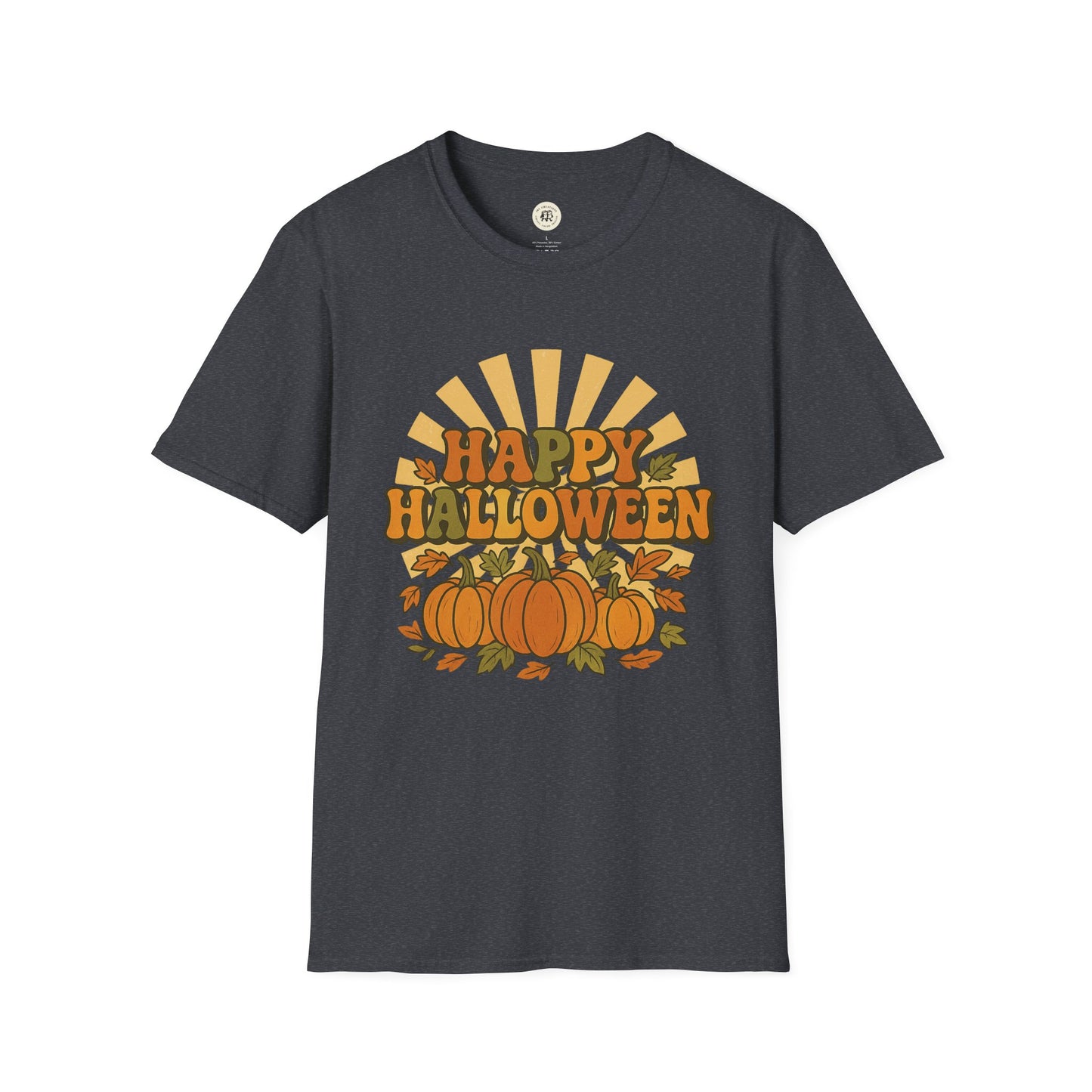 Printify black Happy Halloween t-shirt with pumpkins and autumn leaves design