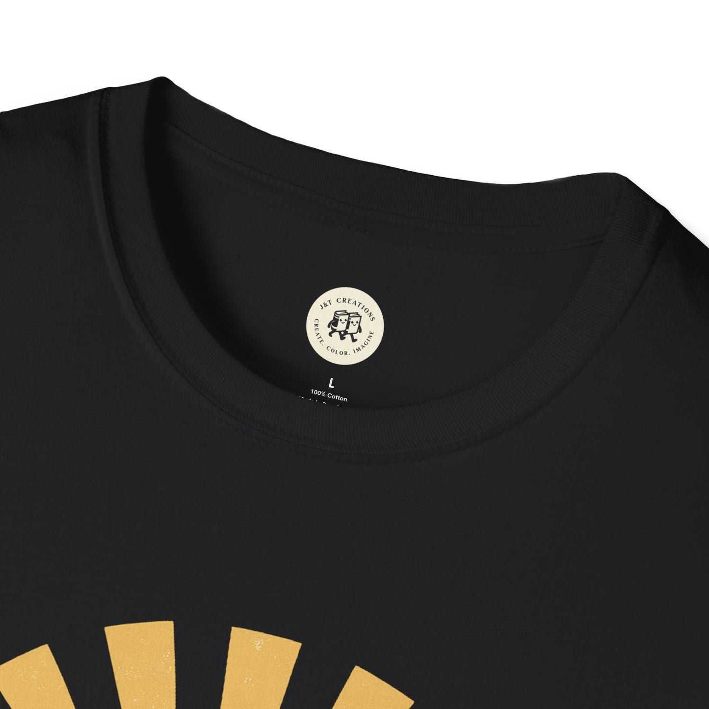 Close-up of black Printify Happy Halloween t-shirt collar and upper design details