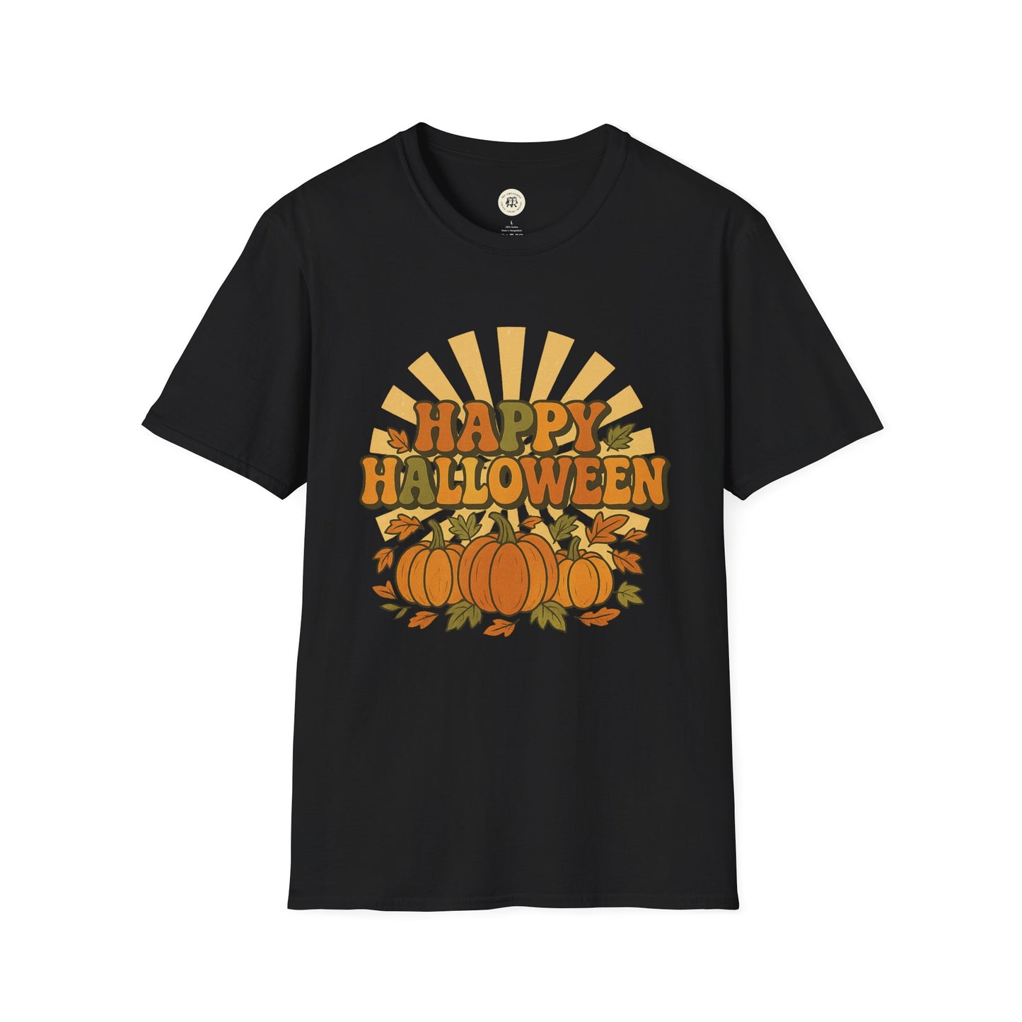 Printify black Happy Halloween t-shirt with orange pumpkins and autumn leaves design