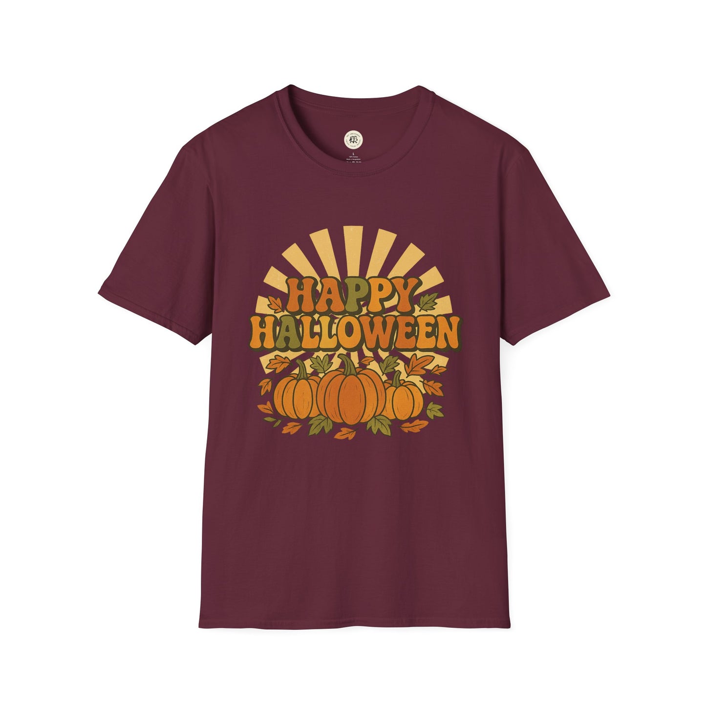 Burgundy Printify t-shirt with retro style Happy Halloween t-shirt design featuring pumpkins and fall leaves