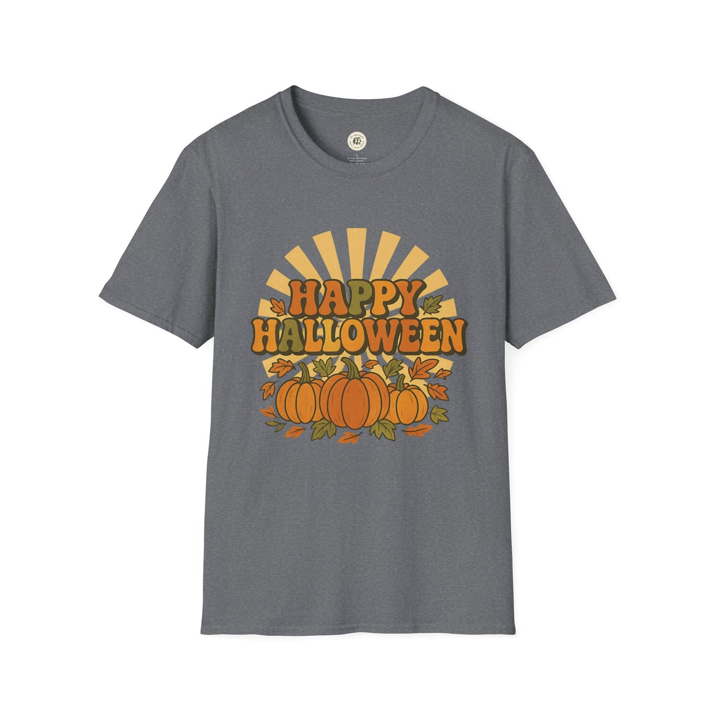 Gray Printify T-shirt with Happy Halloween t-shirt design featuring pumpkins and autumn leaves